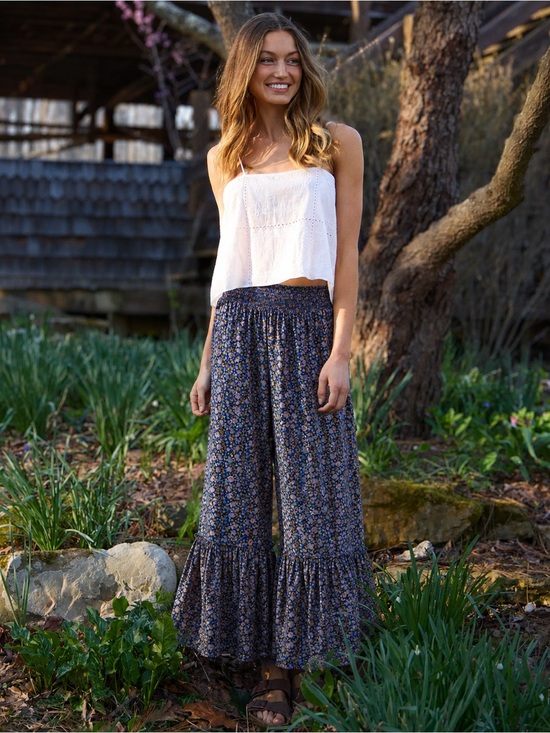 NATURAL LIFE Pants - Natural Life Floral Wide Leg Pants With Ruffle Bottom Blue Medium